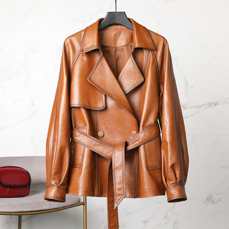 2306时尚春季真皮皮衣女香槟色腰带款头层绵羊皮风衣外套秋冬百搭,女装/女士精品,皮衣,淘宝优惠券,粉丝福利购,淘宝优惠卷