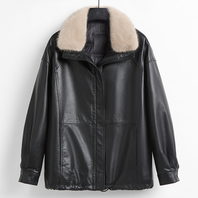 歌珞伊8828-1水貂毛领牛皮外套女冬季鹅绒服休闲百搭翻领真皮皮衣