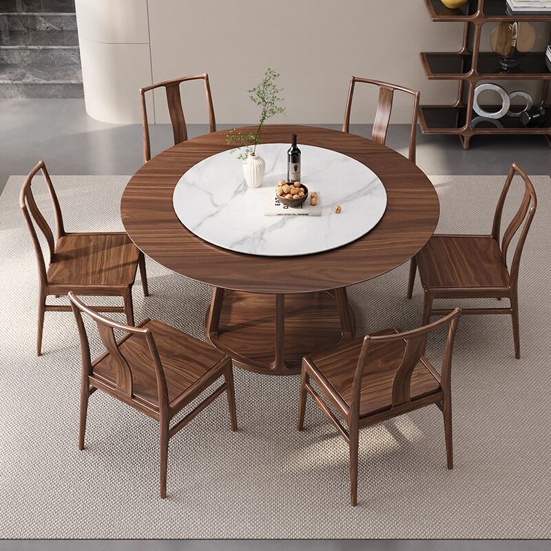 实木圆桌黑胡桃木餐桌椅组合中式家用大小户型带岩板转盘圆形餐桌