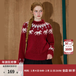 coolhut新年费尔岛红色毛衣女2026春季新款圆领针织衫毛线衣女