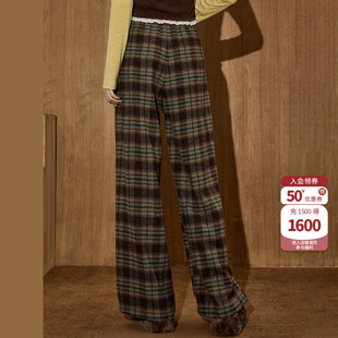 coolhut美式复古格子阔腿裤高腰直筒百搭冬季新款女士休闲裤