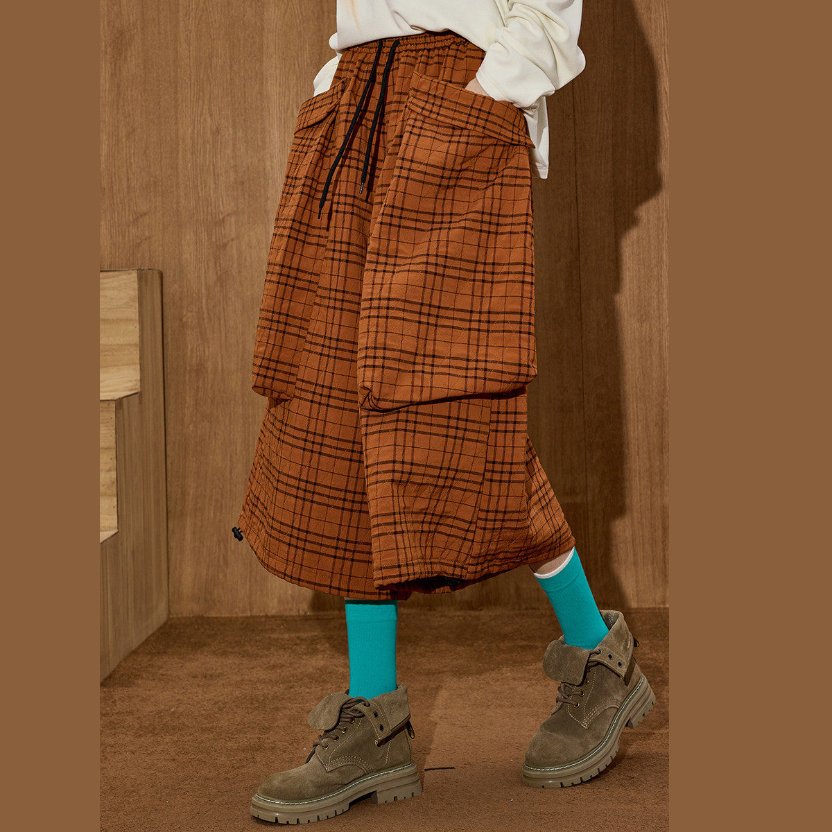 coolhut工装格子廓形显瘦松垮大口袋七分2026春季新款女式休闲裤