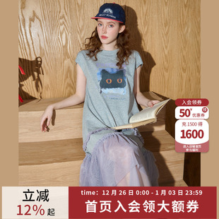 coolhut拼接网纱印花休闲A字卡通设计感短袖 T恤裙女2025夏连衣裙