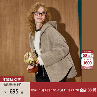 coolhut燕麦色羊毛连帽短款百搭双面呢气质冬季新款大衣女
