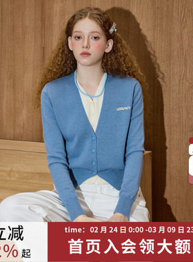 coolhut蓝色撞色假两件V领针织衫女26春季新款百搭显白开衫毛衣