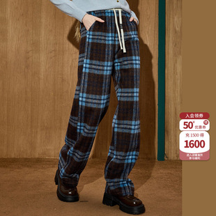 coolhut蓝色复古格纹格子阔腿裤高腰毛呢冬季新款休闲裤女