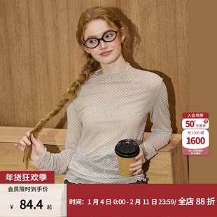 coolhut木耳边半高领网纱波点透视薄纱皮肤衣搭冬季新款女打底衫