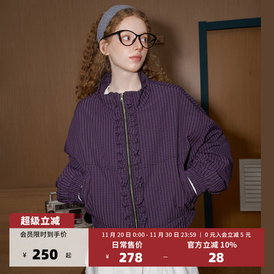 格纹复古花边拉链休闲外套