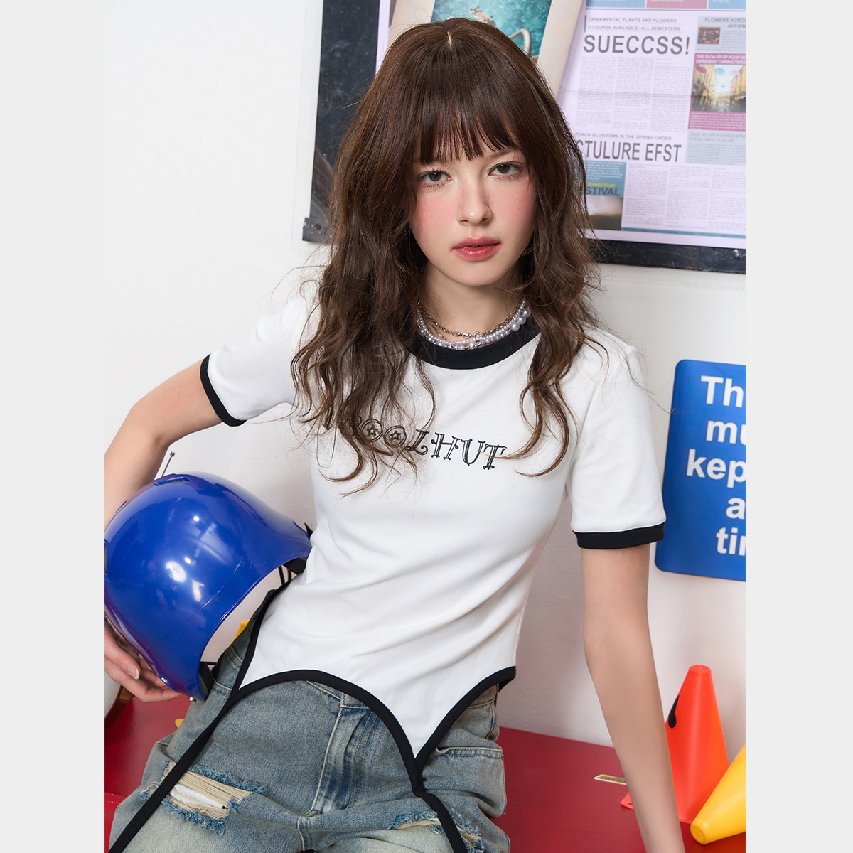 美式撞色修身短款T恤女