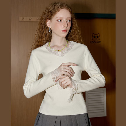 coolhut蕾丝拼接V领软糯修身软糯2025春季女式针织衫打底长袖气质