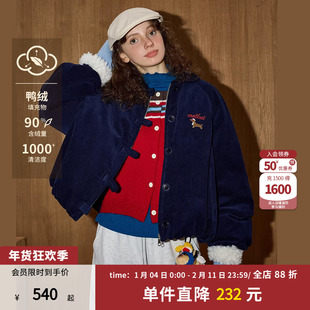 coolhut复古藏青色刺绣加厚面包服女2026冬季新款保暖羽绒服外套