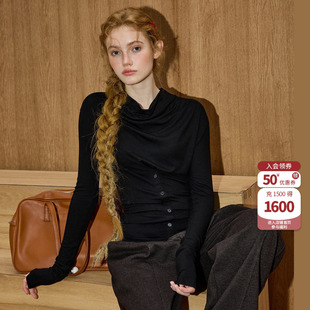 coolhut黑色冬季新款女式打底衫简约荡领小众百搭修身长袖T恤上衣