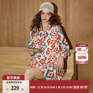 coolhut波西米亚风设计感印花宽松显瘦长袖 连衣裙 A字2025秋季