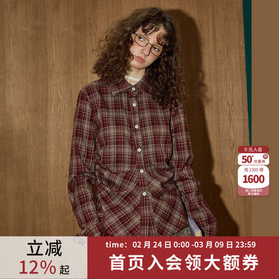 美式复古格纹收腰衬衫女