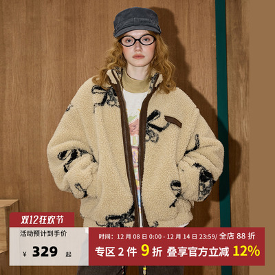 冬季蝴蝶结立领仿羊羔毛短外套