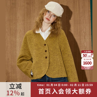 coolhut短款外套气质短款毛呢外套v领含羊毛2025冬季女式大衣