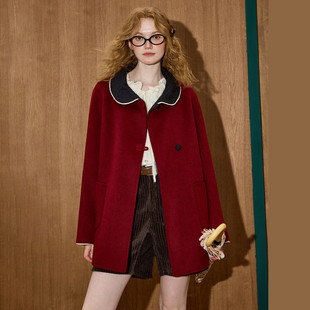 coolhut新年款红色百搭撞色翻领设计感气质中长款冬季女士大衣