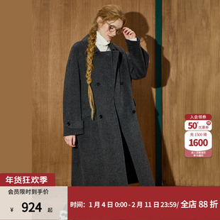 coolhut极简风灰色羊绒大衣女长款双排扣廓形冬季新款老钱风外套