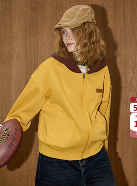 coolhut黄色美式复古拼接宽松连帽开衫卫衣2026春季季新款外套女