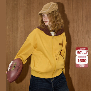 coolhut黄色美式复古拼接宽松连帽开衫卫衣2026春季季新款外套女