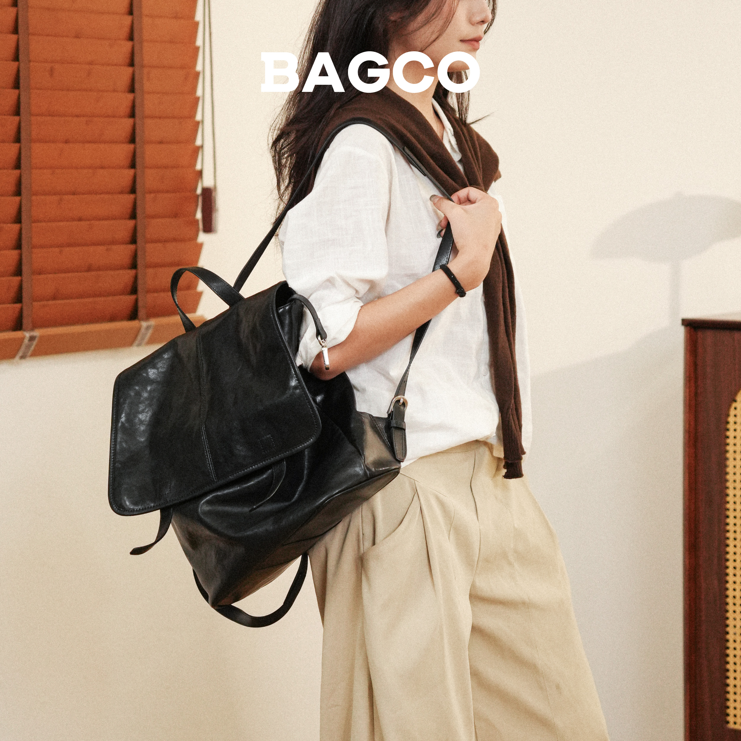 BAGCO植鞣牛皮大容量休闲双肩包