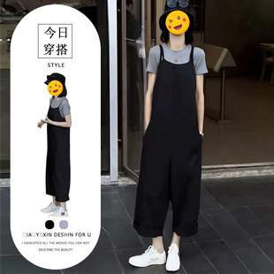 休闲显瘦短袖 背带裤 女韩版 潮 阔腿裤 2025夏季 单件 穿搭微胖mm时尚