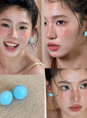 小蓝豆！蓝色椭圆馒头珠耳环女小众独特高级感耳钉适合夏天的耳饰