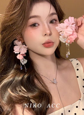爱意弥漫~超仙粉色花朵流苏耳环女2025新款气质耳钉独特绝美耳饰