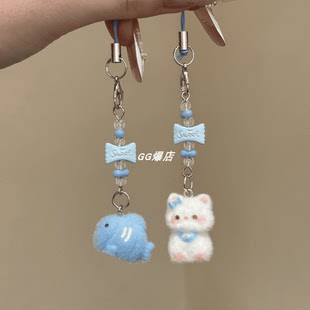 小猫小鱼可爱植绒立体树脂糖果猫咪小鱼钥匙链包包挂件手机挂绳