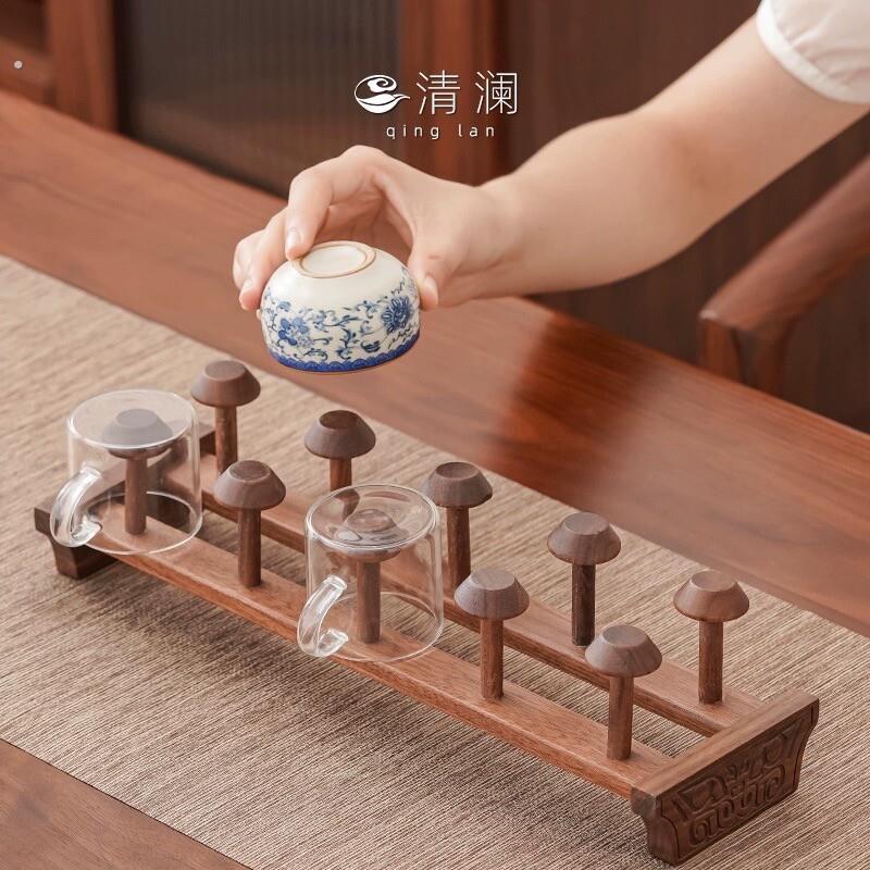 天然胡桃木茶杯架实木新中式高端桌面茶台晾杯架沥水架茶杯收纳层