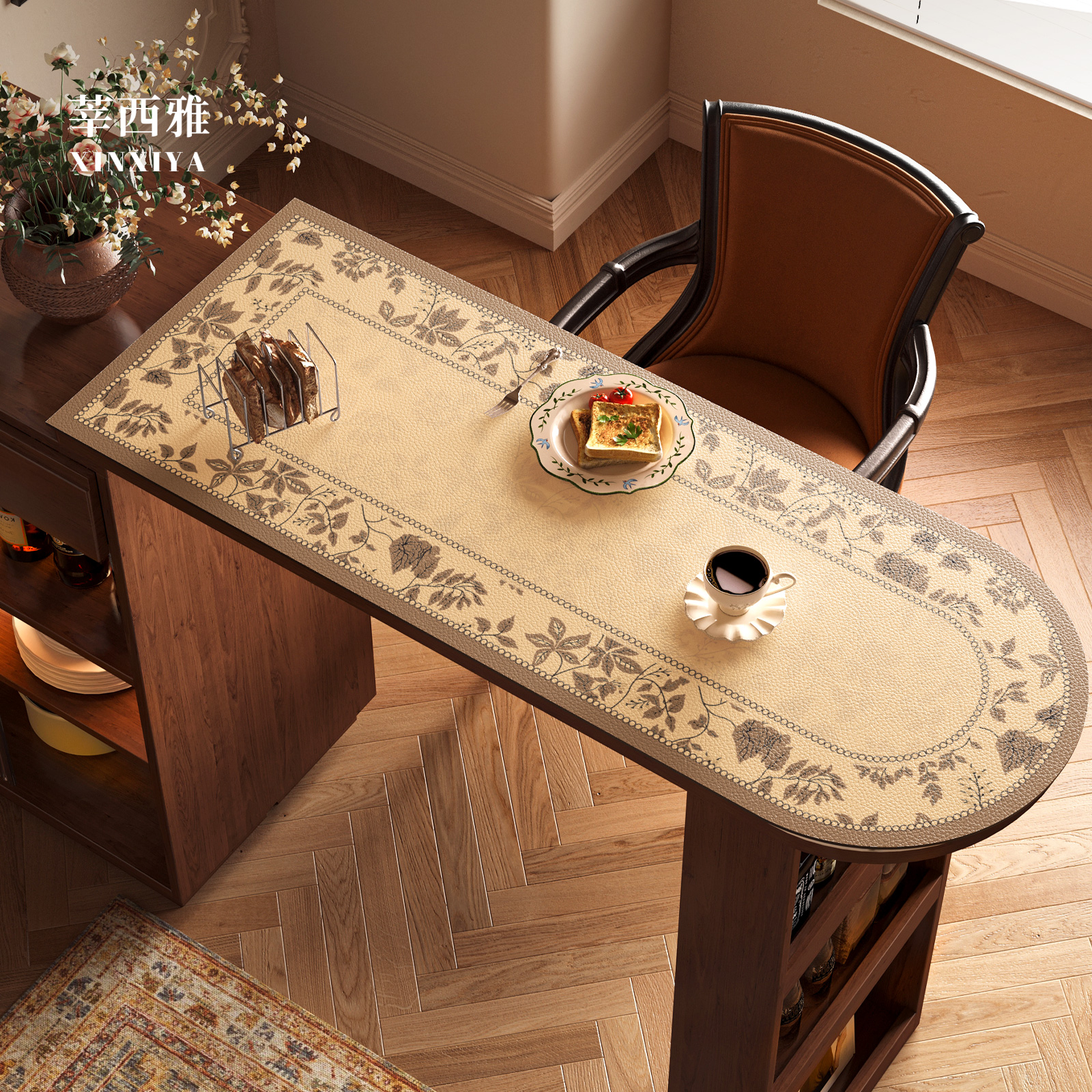 复古吧台桌桌垫可伸缩岛台桌布可擦免洗桌面保护弧形半圆形餐桌垫