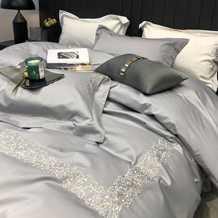 高端简约100支长绒棉四件套轻奢刺绣宽边被套N柔软全棉18床上用