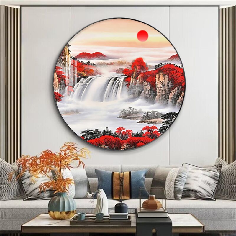 新中式鸿运当头玄关装饰画客厅圆形茶室背景墙壁画办公室山水挂画图片