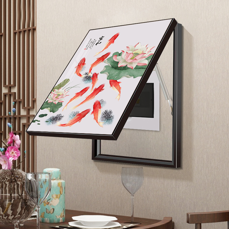九鱼图电表箱装饰画荷花锦鲤空开盒壁画竖款新中式配电箱遮挡挂画图片