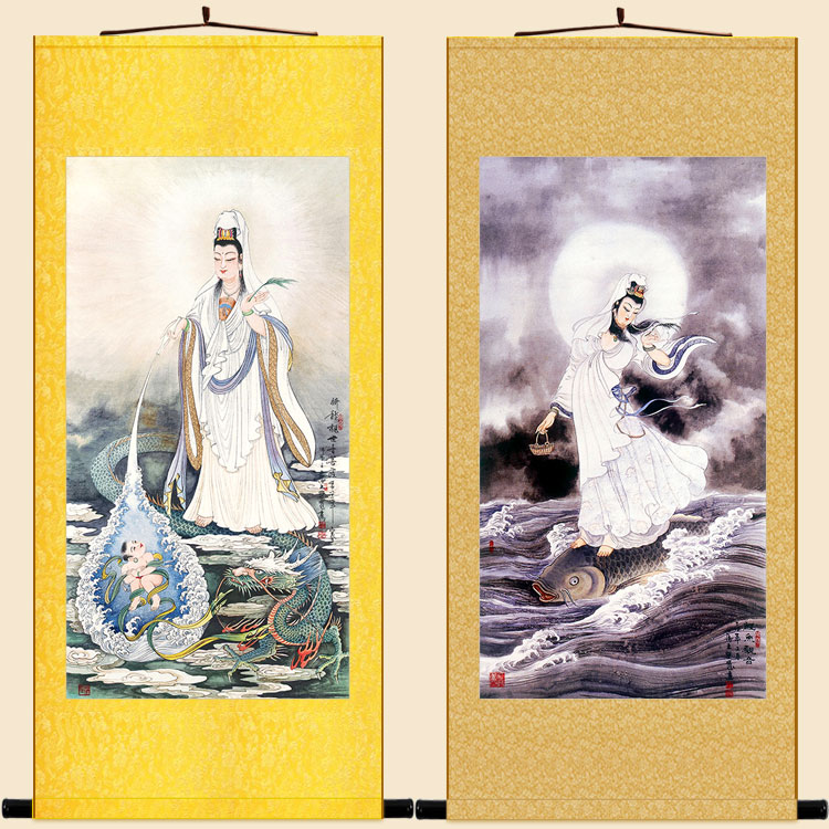 骑龙观音图 鲤鱼观世音菩云中普甘露画像 卷轴画挂画画定