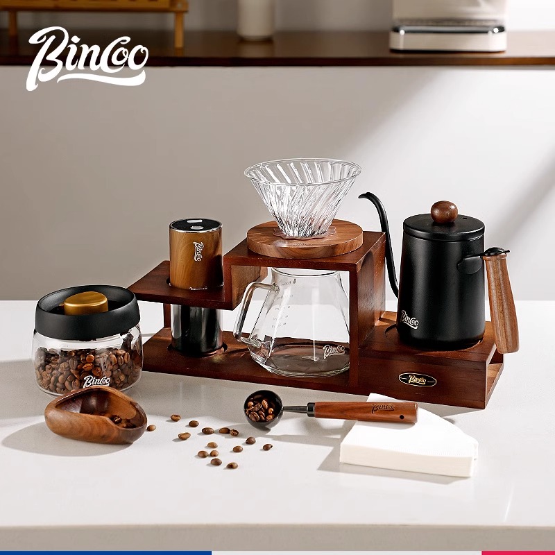 Bincoo手冲咖啡壶套装手磨咖啡机手冲玻璃滤杯收纳架家用木质支架