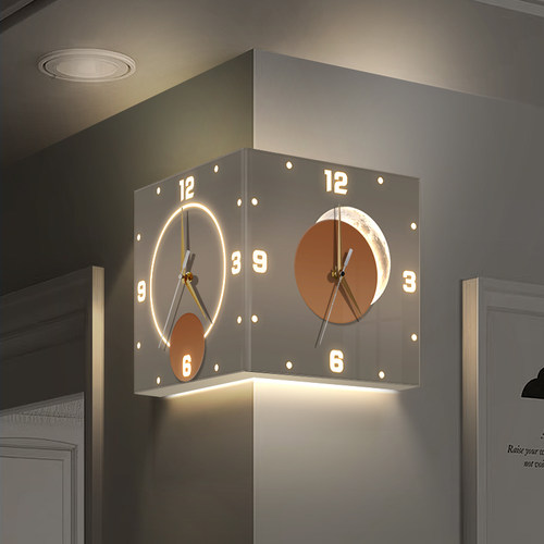 客厅双面转角挂钟创意家用拐角时钟挂墙免打孔发光壁钟表