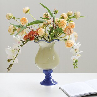 轻奢风软装 中古风芬顿玻璃花瓶客厅高级感水培鲜花摆件法式 工艺品
