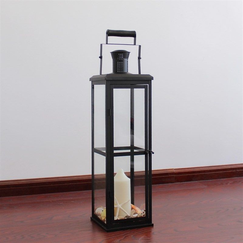 欧式铁艺风灯落地蜡烛台婚庆烛台灯马灯玻璃灯笼黑大 户外摆件