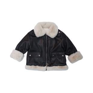 女童皮衣外套冬款2023新款宝宝冬装女孩儿童加厚加绒皮夹克小童装