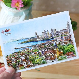 手绘青岛明信片12张城市风景旅游纪念品八大关栈桥崂山景区风光特