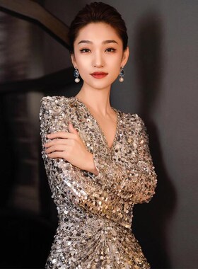 宴会晚礼服裙女2025新款气质轻奢小众主持人鱼尾亮片高级感主持人