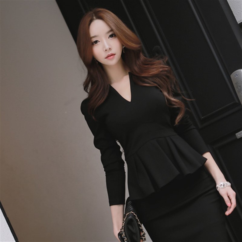 大码OL职业女装套裙两件套 裙装长袖荷叶摆显瘦包臀套装