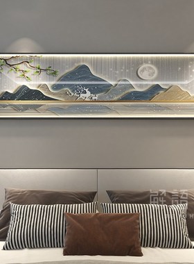 新中式房间卧室床头装饰画山水画客厅挂画背有靠山轻奢大气灯画
