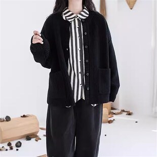 重磅加厚!羊毛黑色粗纱元宝针简约大气开襟加厚圆领毛衣外套秋冬