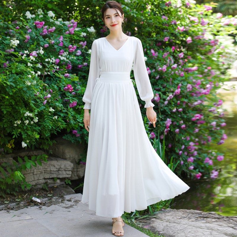 复古v领长袖白色雪纺系带连衣裙女大摆长款海边度假裙抽绳长裙子