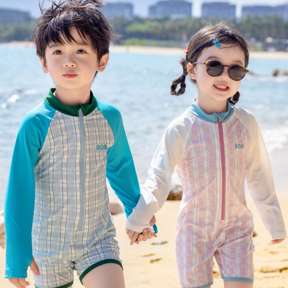 36360 bi8bo2026夏季新款男童女童同款防晒速干透气格纹连体泳衣