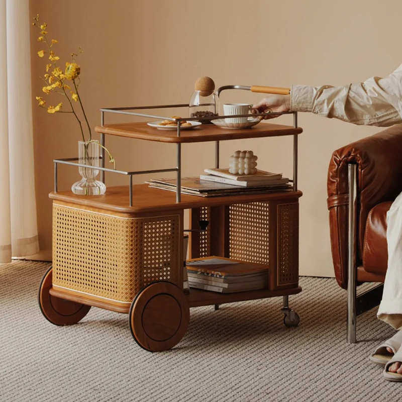 新疆包邮中古风实木藤编移动小推车客厅收纳简约餐厅不锈钢零食置,住宅家具,移动边几/推车,淘宝优惠券,粉丝福利购,淘宝优惠卷