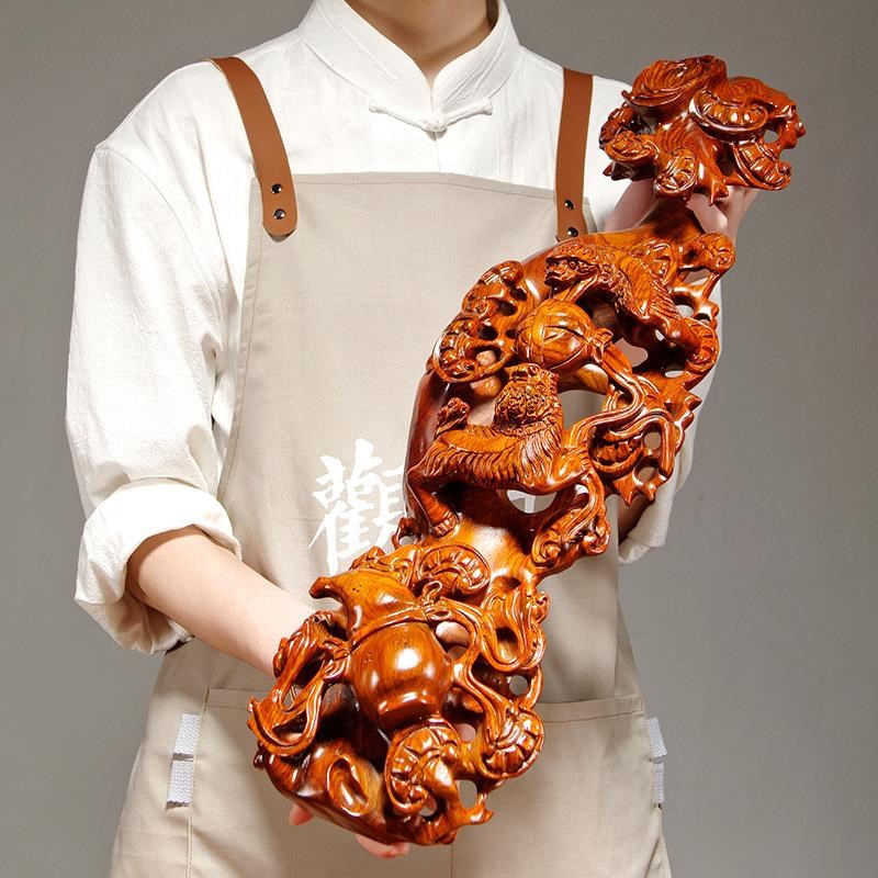 花梨木雕刻双狮戏珠事事如意摆件家居装饰工艺品生日新居开业送礼