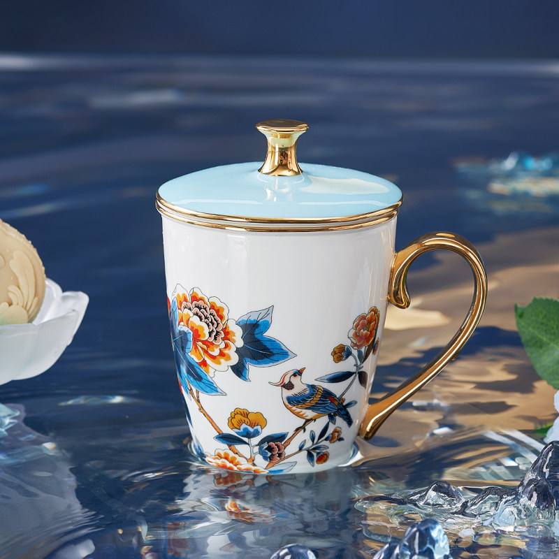 华光国瓷 中秋礼 骨瓷茶杯盖杯带茶漏水杯 送礼礼盒装 升升不息